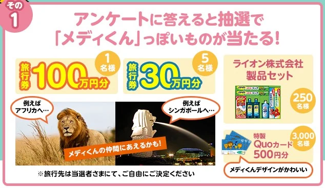 旅行券100万円分|「メディくん」っぽいものプレゼントキャンペーン実施中!|メディケア生命保険