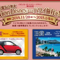 ディズニーモデルの電気自動車（1名）かハワイ旅行（50組100名様）が当たる豪華懸賞！