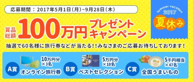 10万円の旅行券やカタログギフトなど、総額100万円プレゼントキャンペーン！