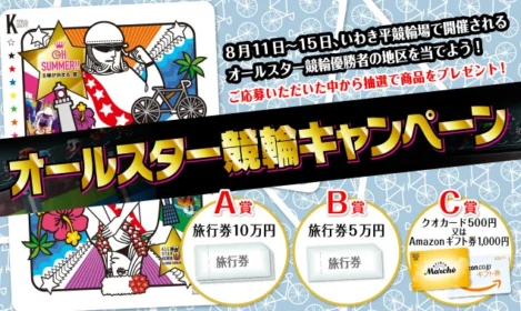 旅行券10万円やAmazonギフト券などがもらえる競輪のクイズ懸賞！