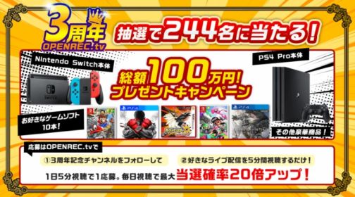 NintendoSwitchやPS4Proが当たる、総額100万円の高額ゲーム懸賞！