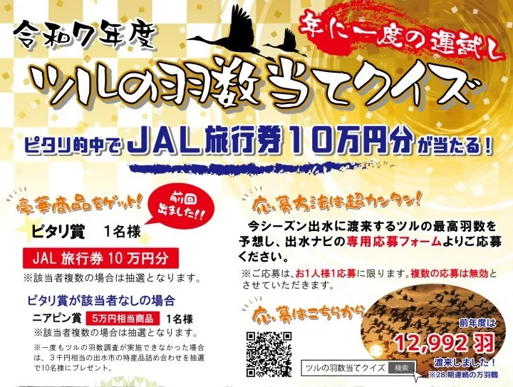 JAL旅行券や特産品セットが当たる、出水市のツルの羽数当て懸賞！